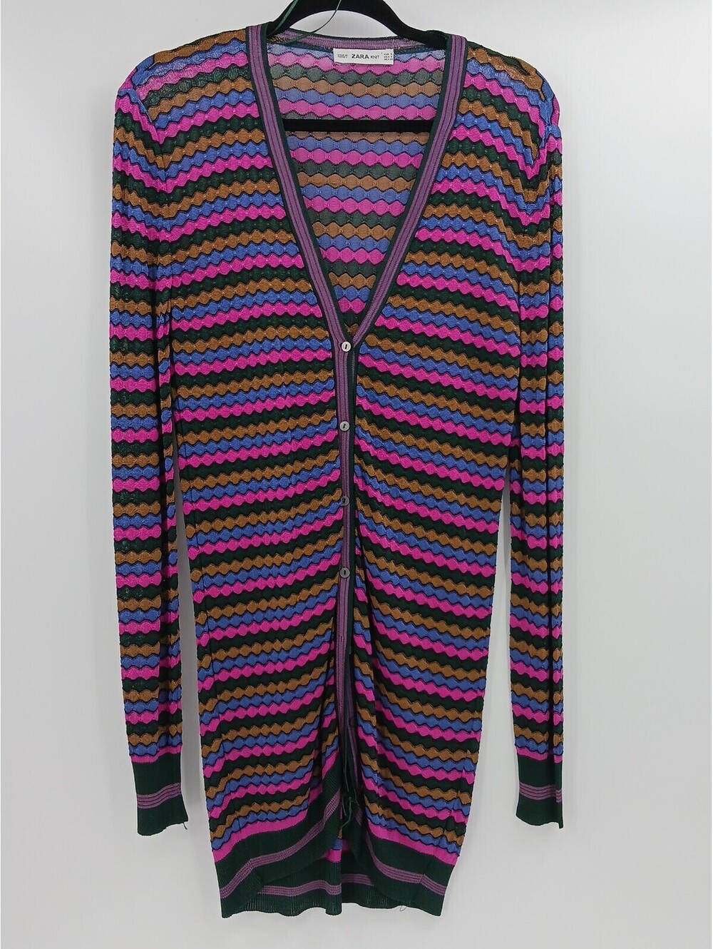 Zara Womens Cardigan Small Purple Multi Knit Sweater V Neck Button Up Long Work